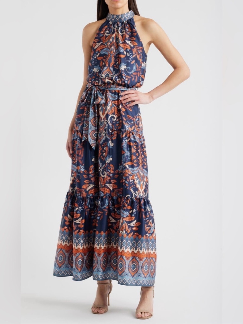 Julia Jordan Sleeveless Tiered Mock Neck Waist Tie Dress navy maxi midi 6 NWT